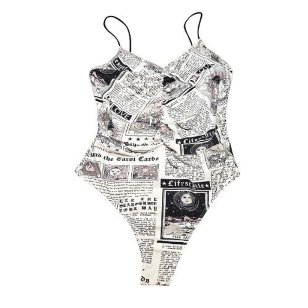Streetwear Society Womens Large Tarot Card Newspaper Print Ruched Bodysuit Moon